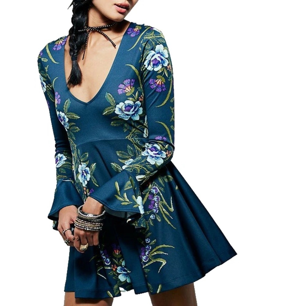 Floral V-Neck Long-Sleeve Mini Dress - Teal Floral - Picture 10 of 10